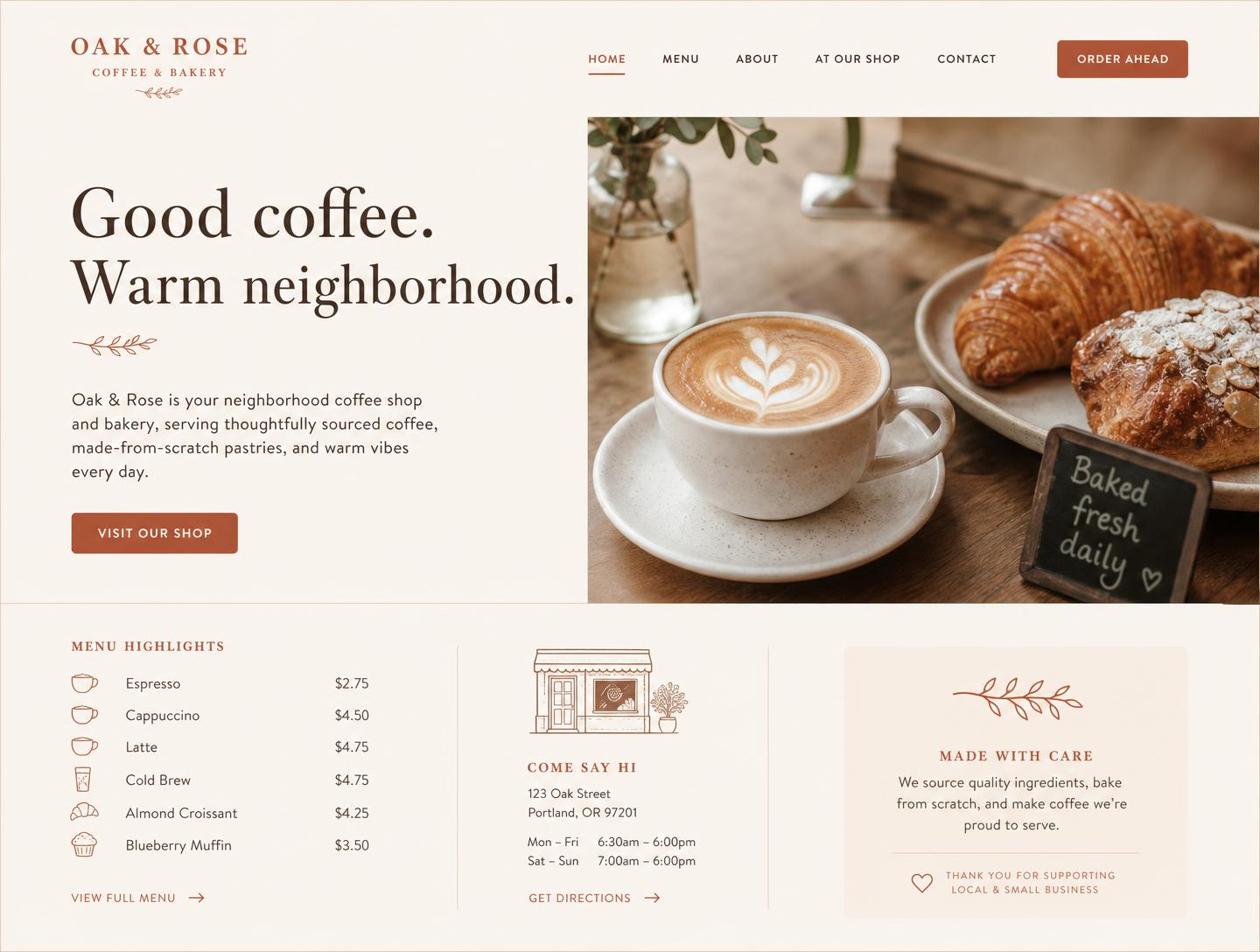 Sample website design for a neighborhood coffee shop
